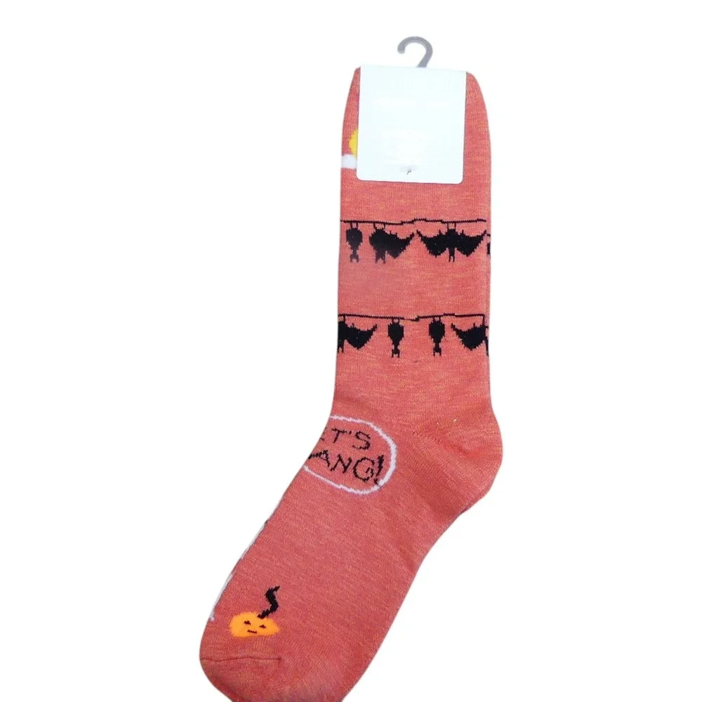 American Eagle Crew Socks Womens OS Orange New Halloween Bats Pumpkin Let's Hang